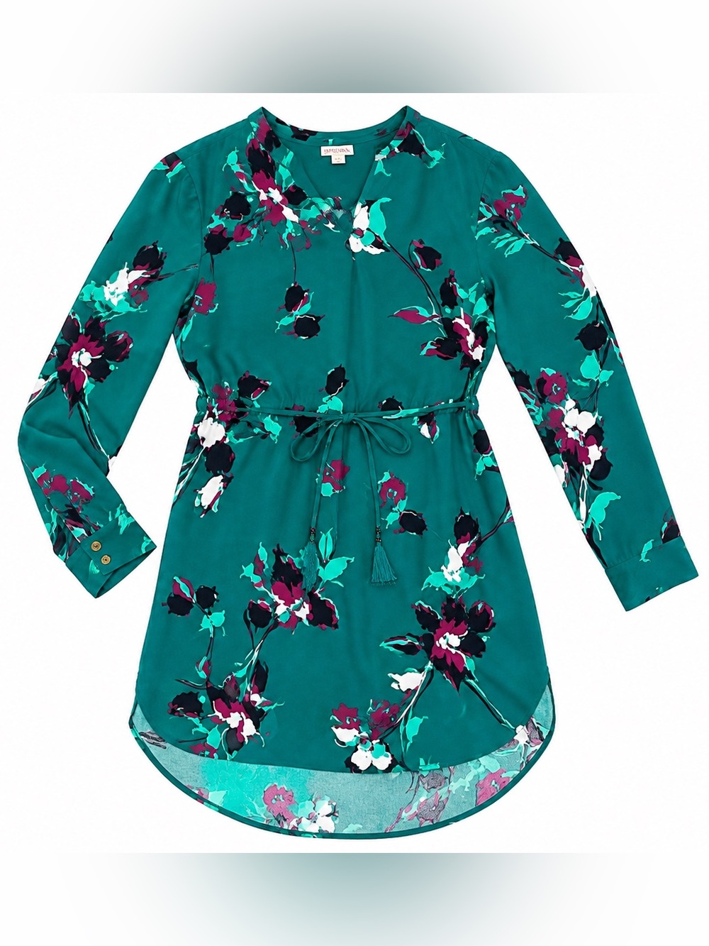Merona Women’s Floral Shirt Dress Green Teal Long Sleeve Tie Waist Size S
